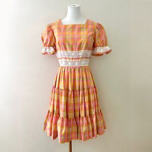 Vintage Malco Modes Pink Orange Plaid Square Dance Mini Dress Fits Modern XS/S